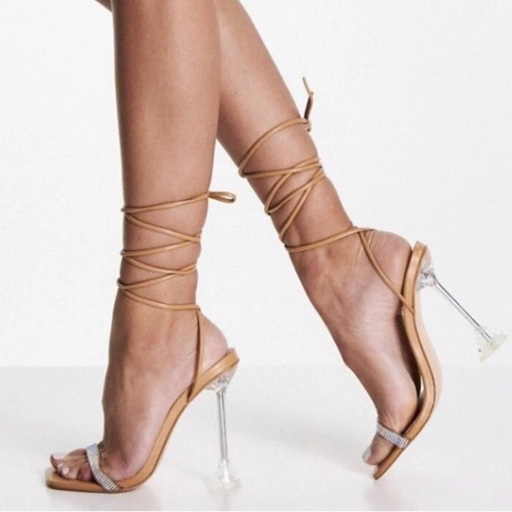Public Desire- Fawn Heel Sandals w/Ankle Tie- Women’s 7-Color: Beige-NEW!!